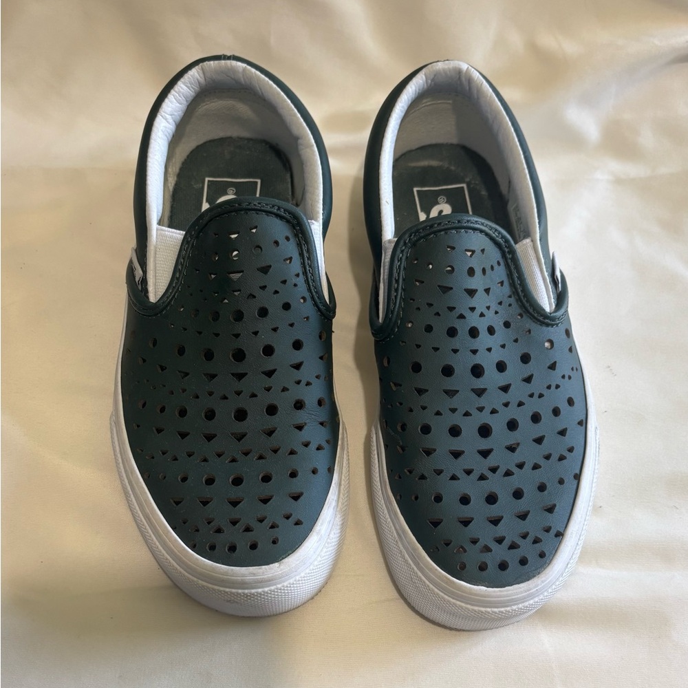 Women’s Vans Perforated Slip-On Loafers in Dark Green and White